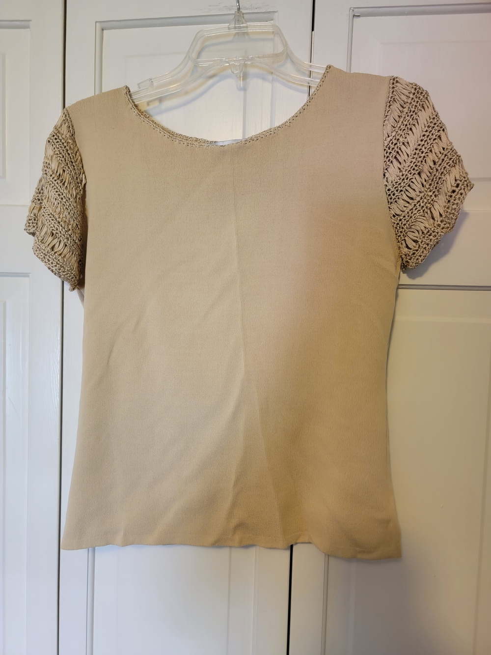 Joseph A Beige Short-Sleeve Top with Knit Detail Size L